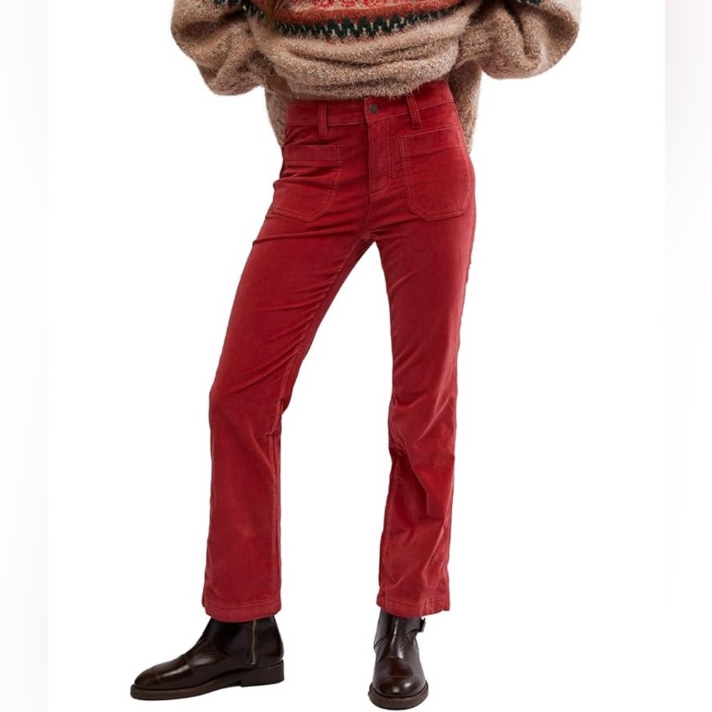 Free People Velvet Kick Flare Pants Red Dahlia High Rise NWT Size 2